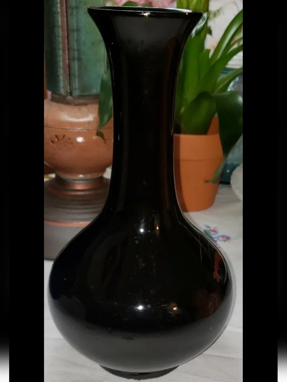 Vintage MCM Black Laquerware Vase With Metallic Copper Shrimp Design